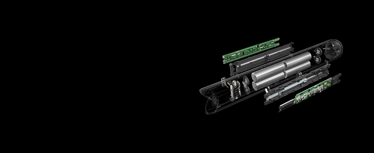 Gros plan sur la batterie lithium-ion du lisseur Dyson Corrale.