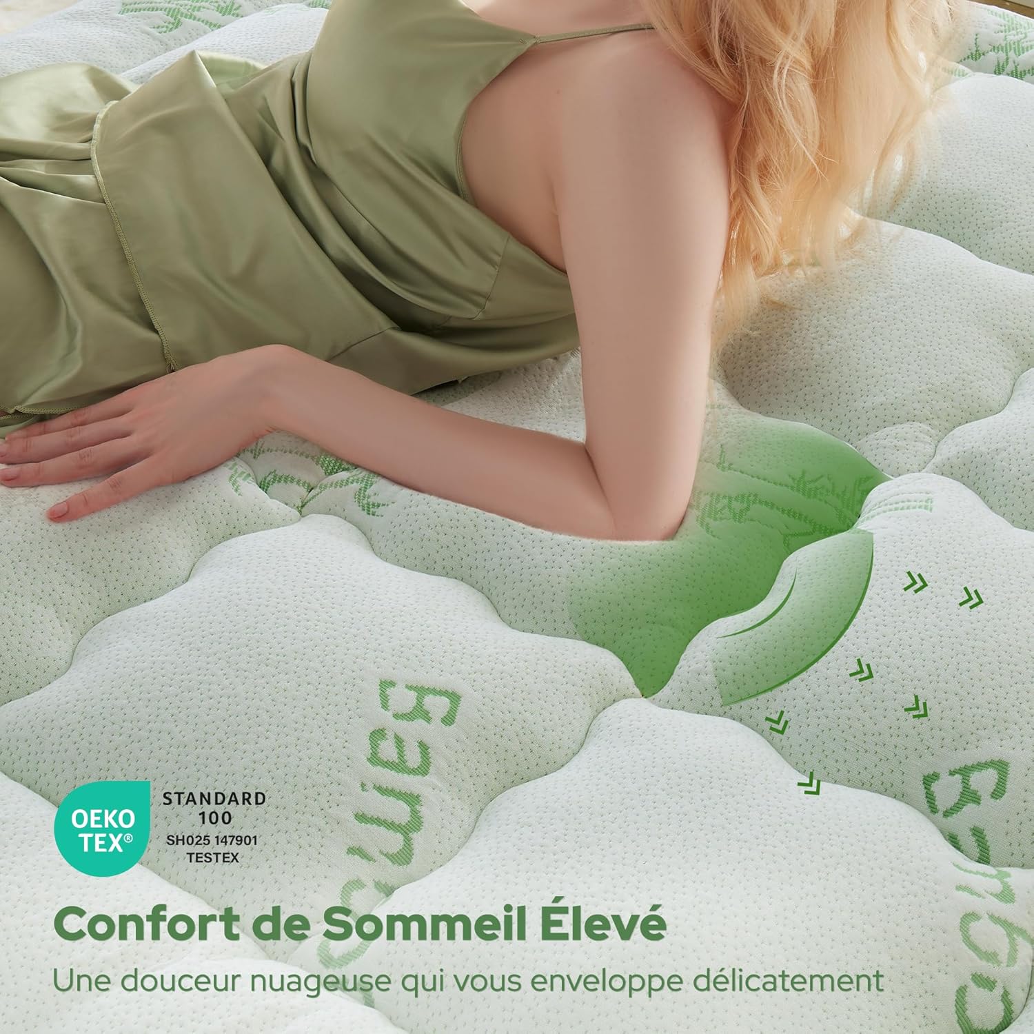 BEDLORE - surmatelas matelassé - 180x200 cm - viscose bambou, bonnet 40 cm, Oeko-Tex
