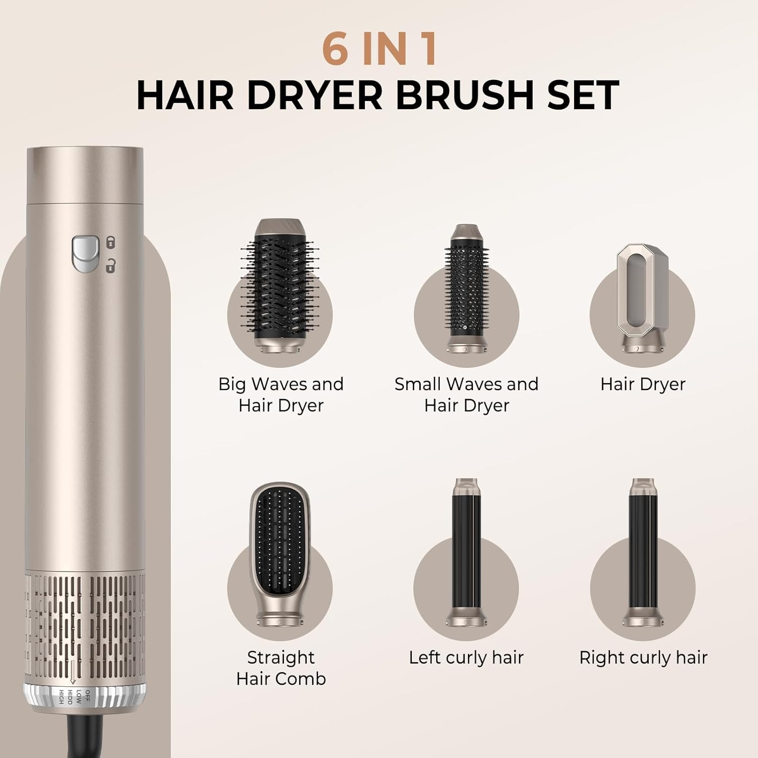 Mogawave - Air Styler 6 en 1 - 1000W - 3 températures, sèche, boucle, lisse