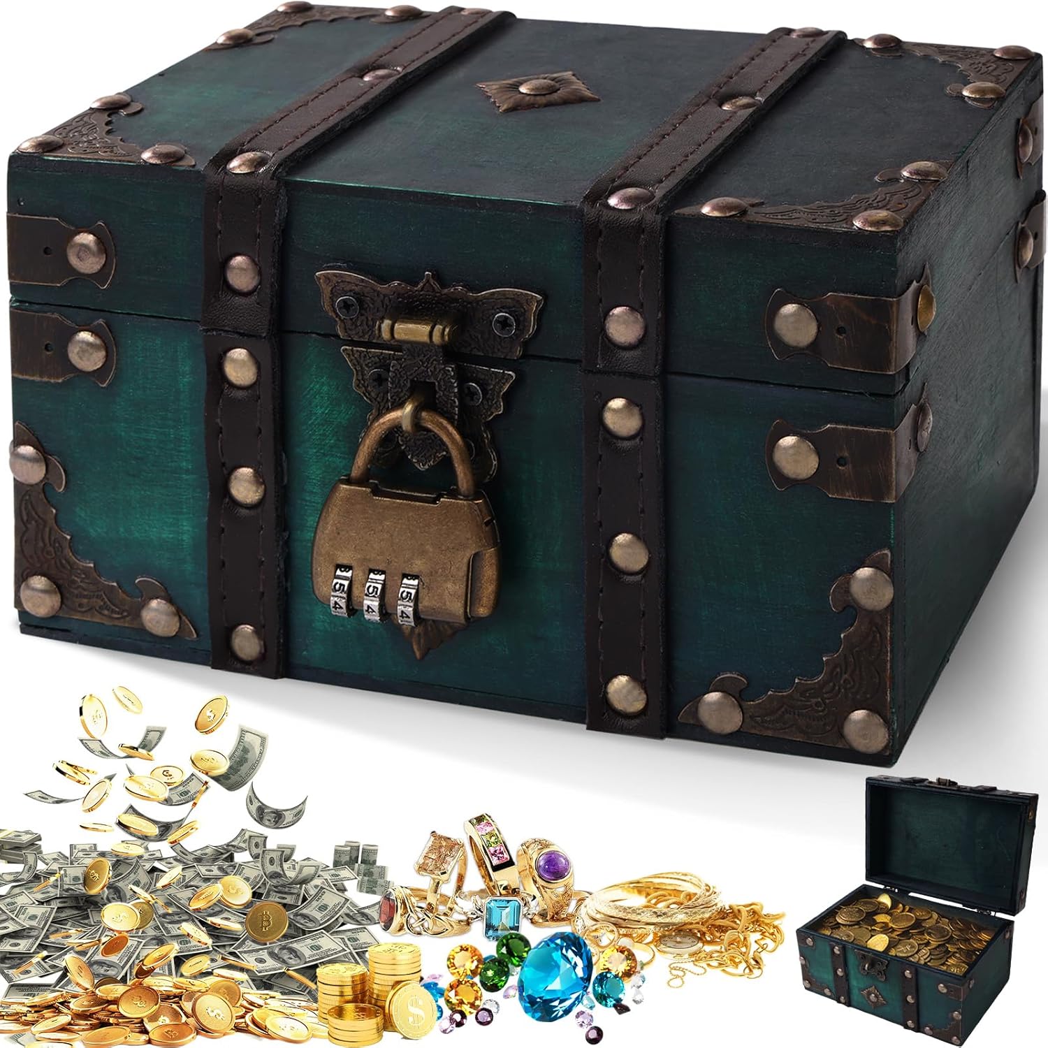 Coffre à trésor en bois vert - cadenas pirate, tiroir à bijoux, tirelire enfant, décoration - avec couvercle