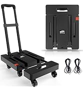 Plusieurs vues d'un chariot roulant ou d'un chariot noir à roulettes et à poignée extensible, montrées sous différents angles, y compris en position pliée et dépliée.