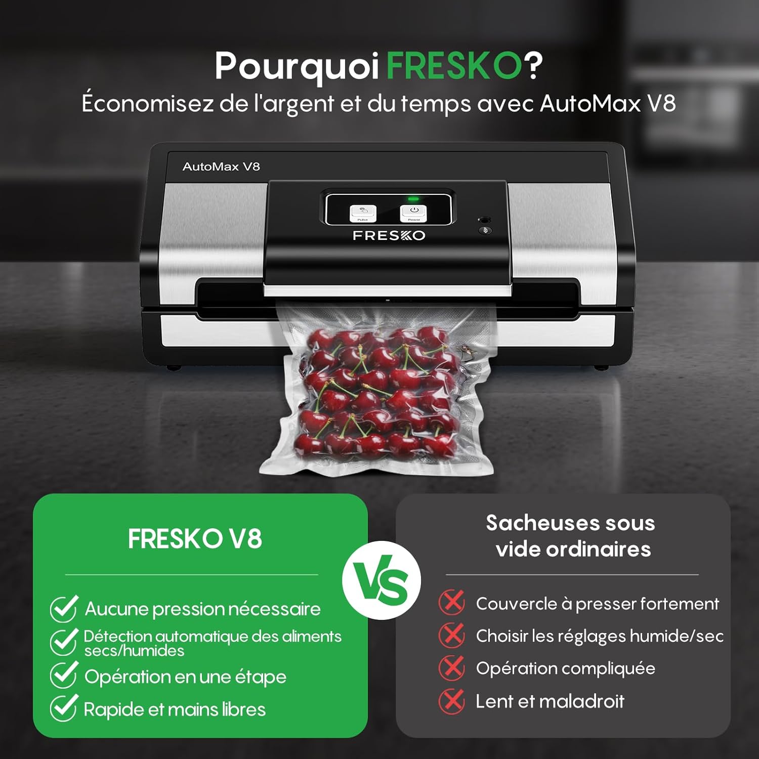 FRESKO - Machine Sous Vide AutoMax - compacte - 140W, détection sec/humide, coupeur intégré, 2 rouleaux, AutoMax V8
