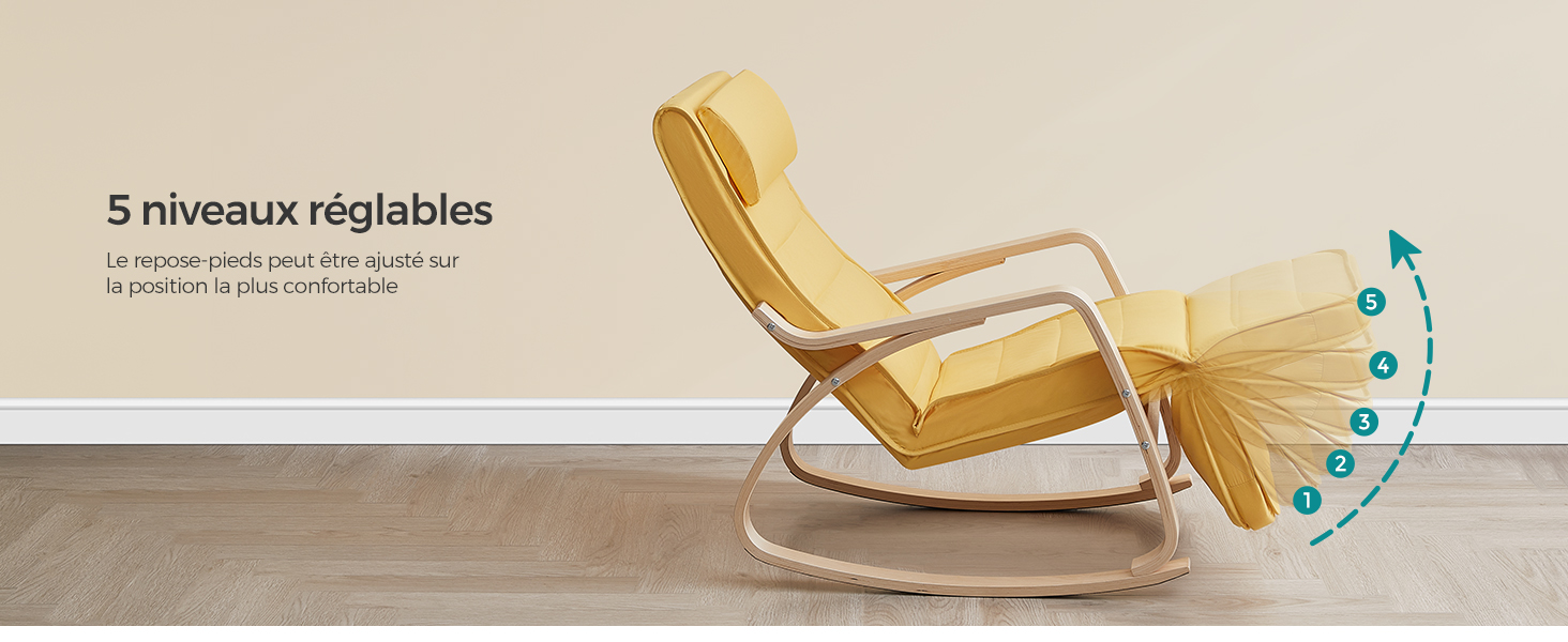 à positions réglables, doté d'une structure incurvée en bois et d'un revêtement en tissu. Le texte en français indique 5 niveaux ajustables.