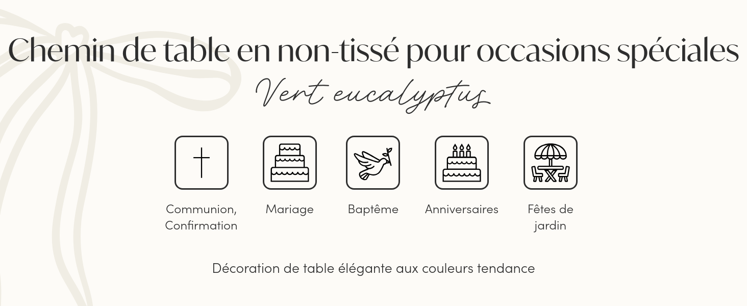 Le texte indique « Chemin de table en non tissé pour occasions spéciales » avec cinq icônes d'entretien ci-dessous indiquant les directives de lavage et de manipulation.