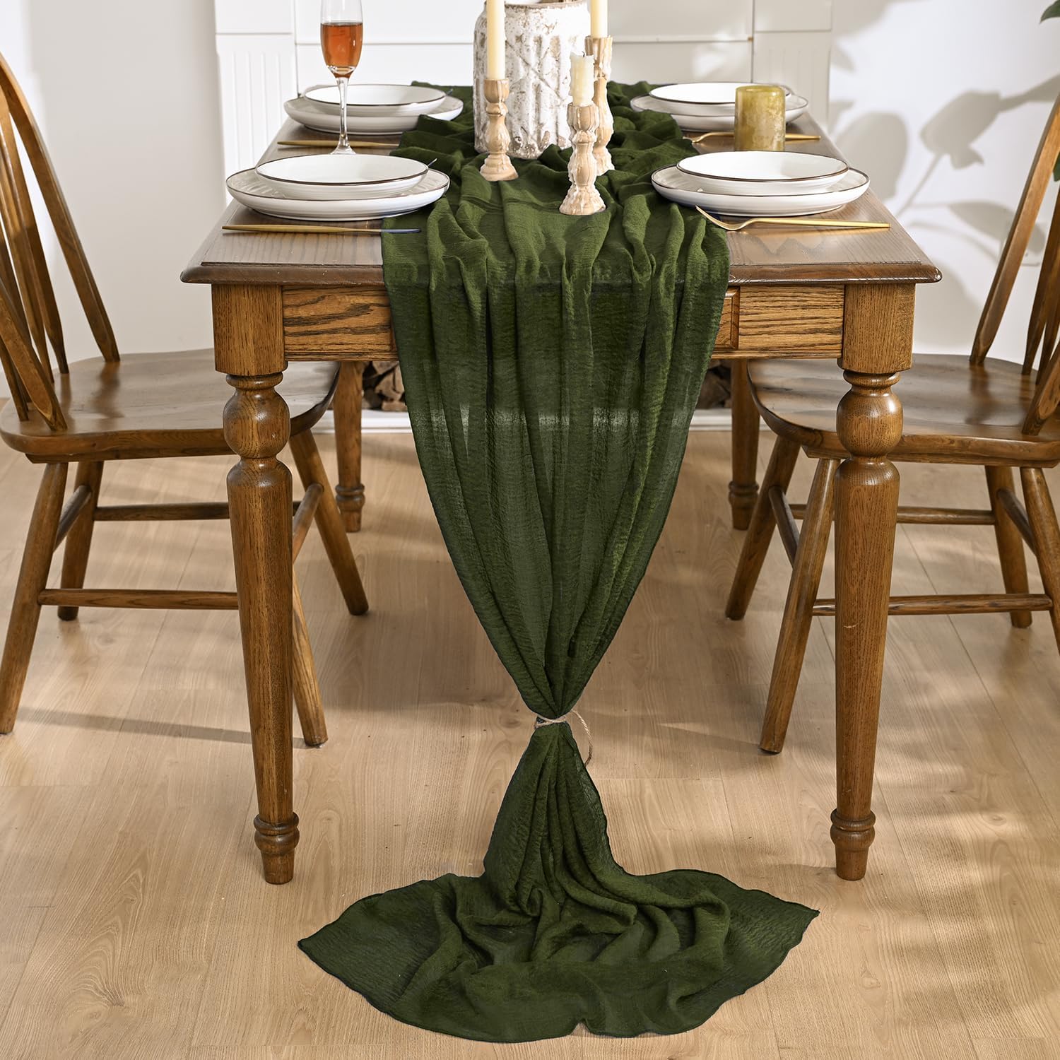 Artoid Mode - Chemin de Table Bohême - 300 cm - Gaze Mousseline Vert Olive