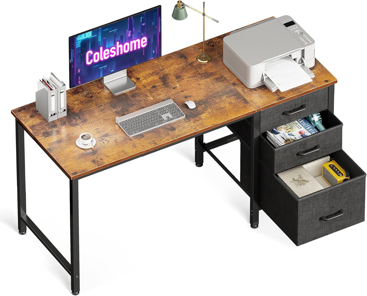 Coleshome - Bureau 3 tiroirs tissu - 120x48cm - réversible, porte-casque