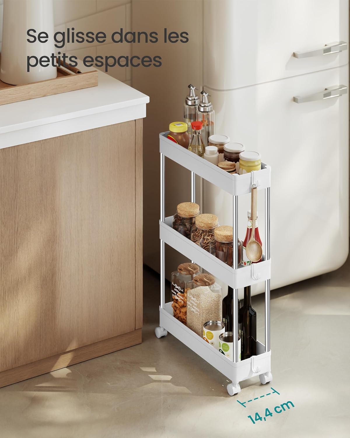 SONGMICS - chariot cuisine 3 niveaux, acier, 42x14,4x60,6 cm, 6 crochets, KSC007W01