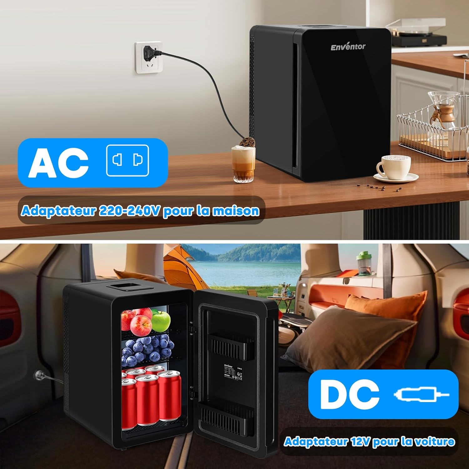 Enventor - Mini frigo 15L - 28x33x22cm - silence, double usage