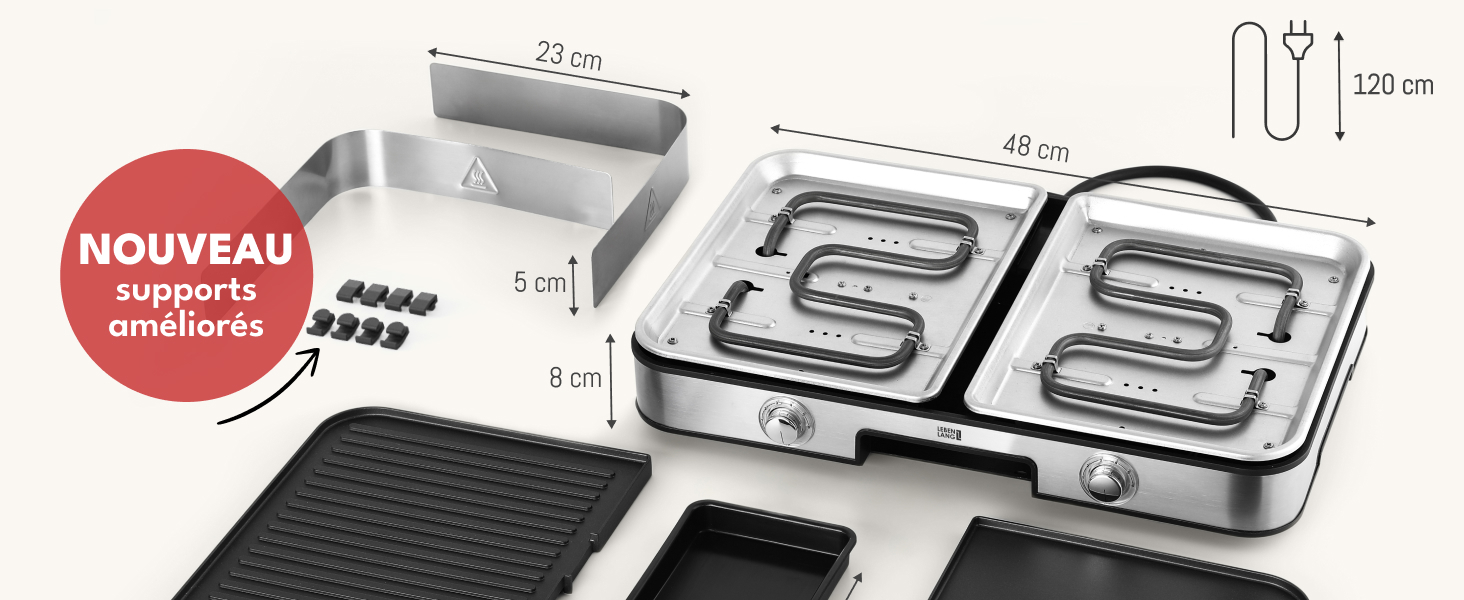 avec deux éléments chauffants carrés, cadre métallique et panneau de commande. Dimensions indiquées : 27 cm de largeur, 27 cm de profondeur, 5,2 cm de hauteur.