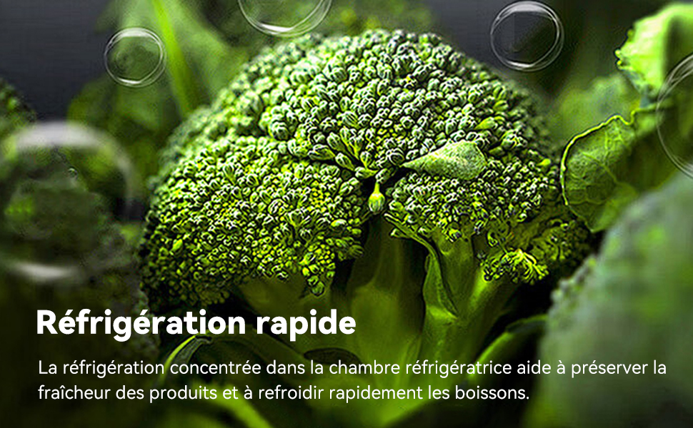 Le texte indique « Réfrigération rapide ». Plans rapprochés de fleurons de brocoli vert frais présentant une texture détaillée et des couleurs éclatantes.