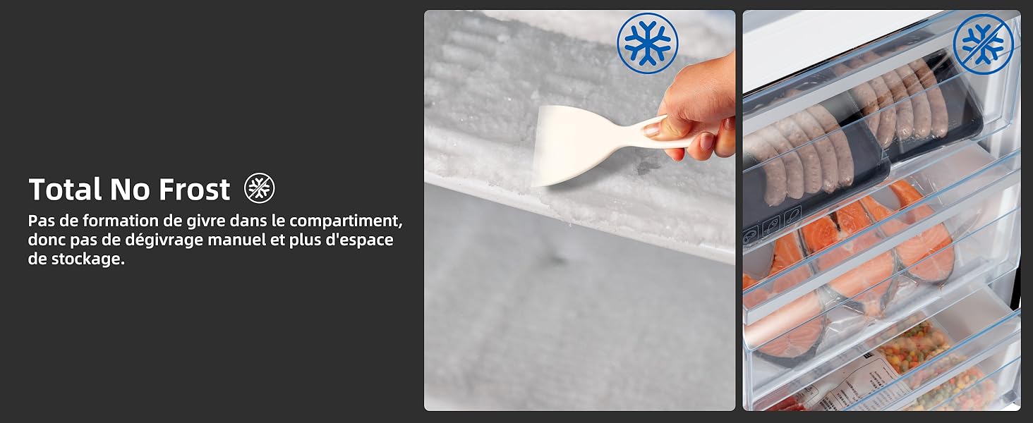 Image fractionnée montrant la fonction réfrigérateur antigel. À gauche : main en train de gratter la glace. À droite : compartiment congélateur organisé avec des produits alimentaires séparés visibles.