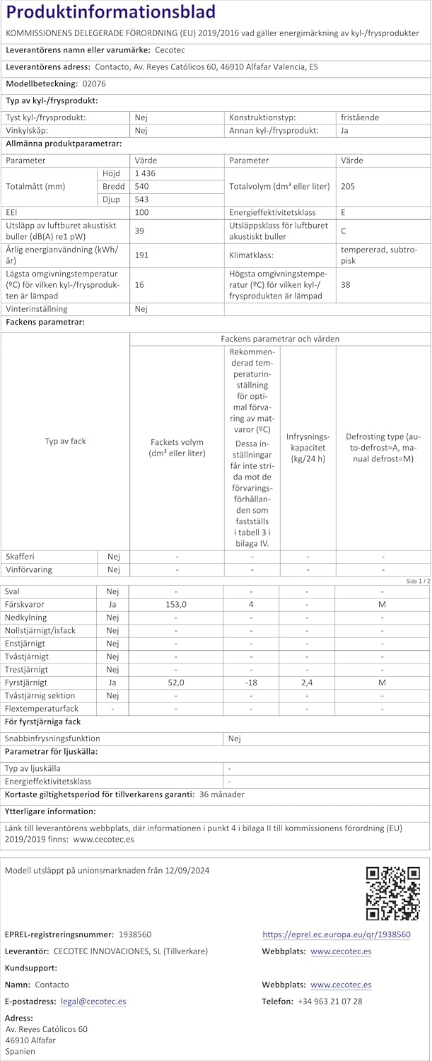 Cecotec - Bolero CoolMarket Combi - 169cm, 117L, Fast Cooling, classe E, 205 DF