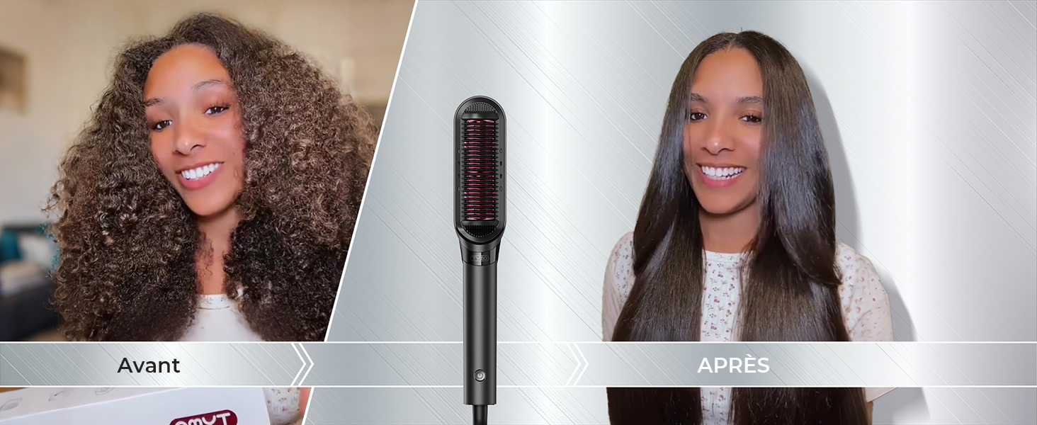 Série d'images de démonstration de produits de coiffure avant et après montrant les résultats de la transformation des cheveux.