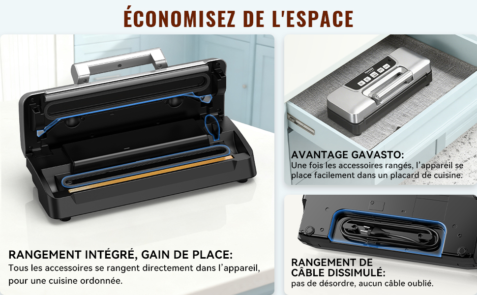 Le texte se lit comme suit : « ÉCONOMISEZ DE L'ESPACE ». Image marketing montrant plusieurs périphériques et ports de stockage USB disposés horizontalement.