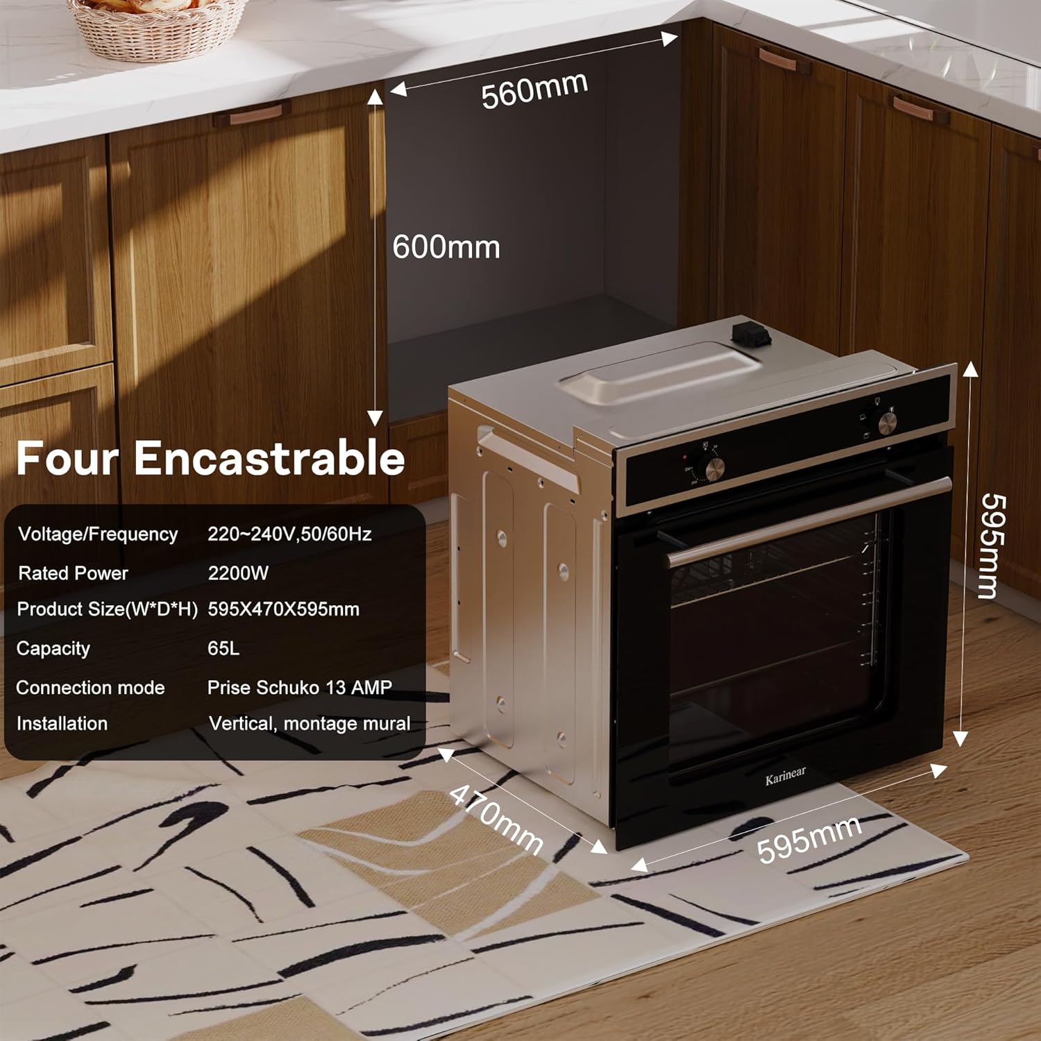 Karinear - four électrique 60 cm, 65L, 4 programmes, 2200W, verre trempé