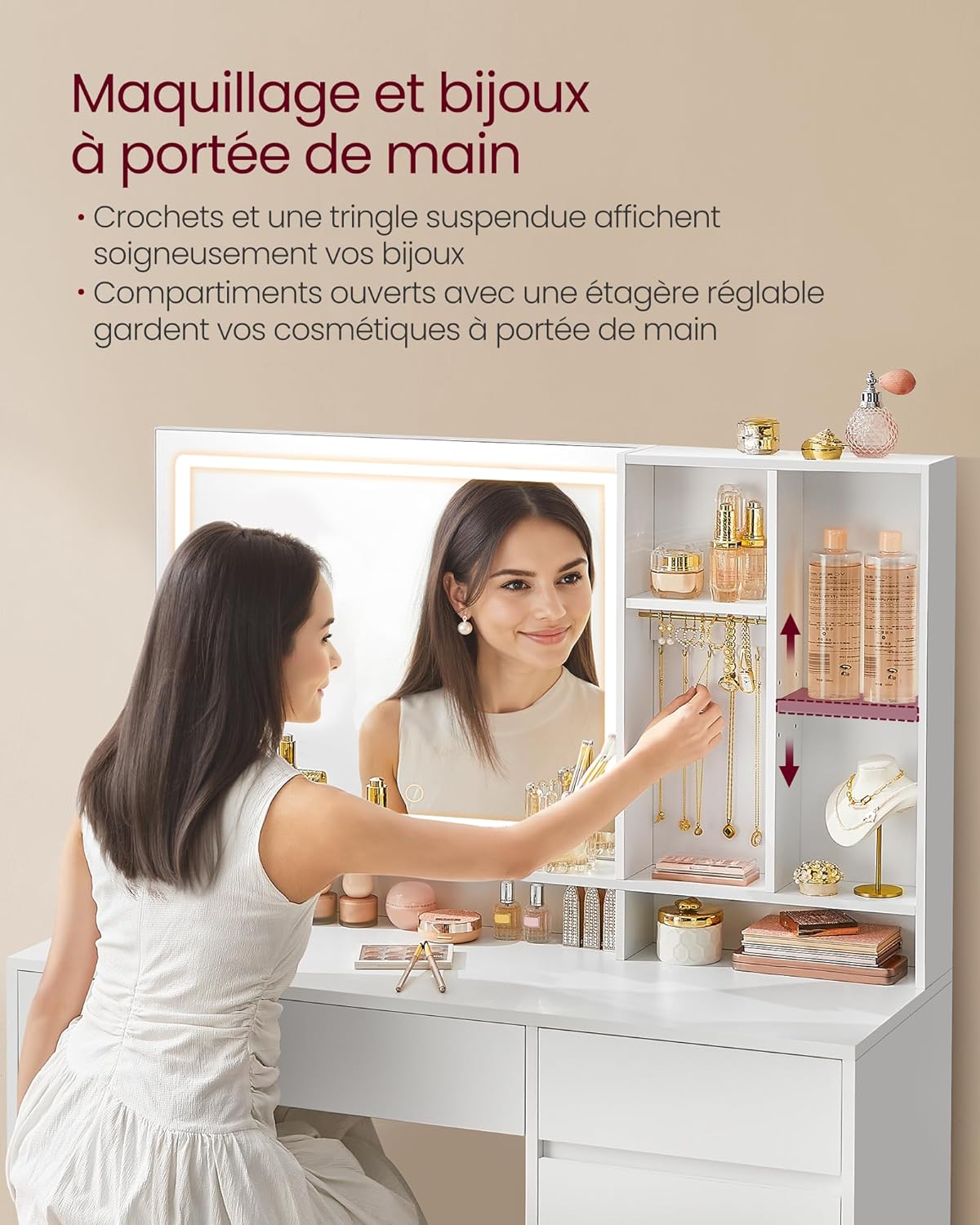 VASAGLE - KAILYN - 110 cm - Coiffeuse LED, 3 éclairages, tiroir, multiprise, RDT634WB01