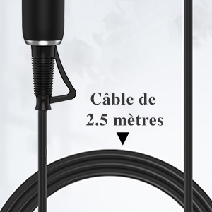 Gros plan d'un câble noir avec un texte indiquant une longueur de 2,5 mètres, avec un connecteur à poignée triangulaire