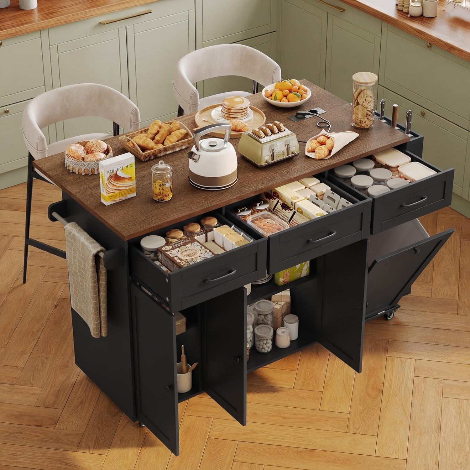 FirFurd - Ilot cuisine pliable sur roulettes, 135x60x88cm, USB et rangement