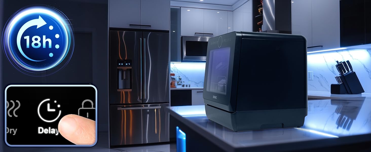 Cuisine moderne avec réfrigérateur en acier inoxydable et appareil de comptoir. Éclairage LED bleu sous les armoires. Le panneau d'interface affiche l'icône 18h et le bouton de retard enfoncé.