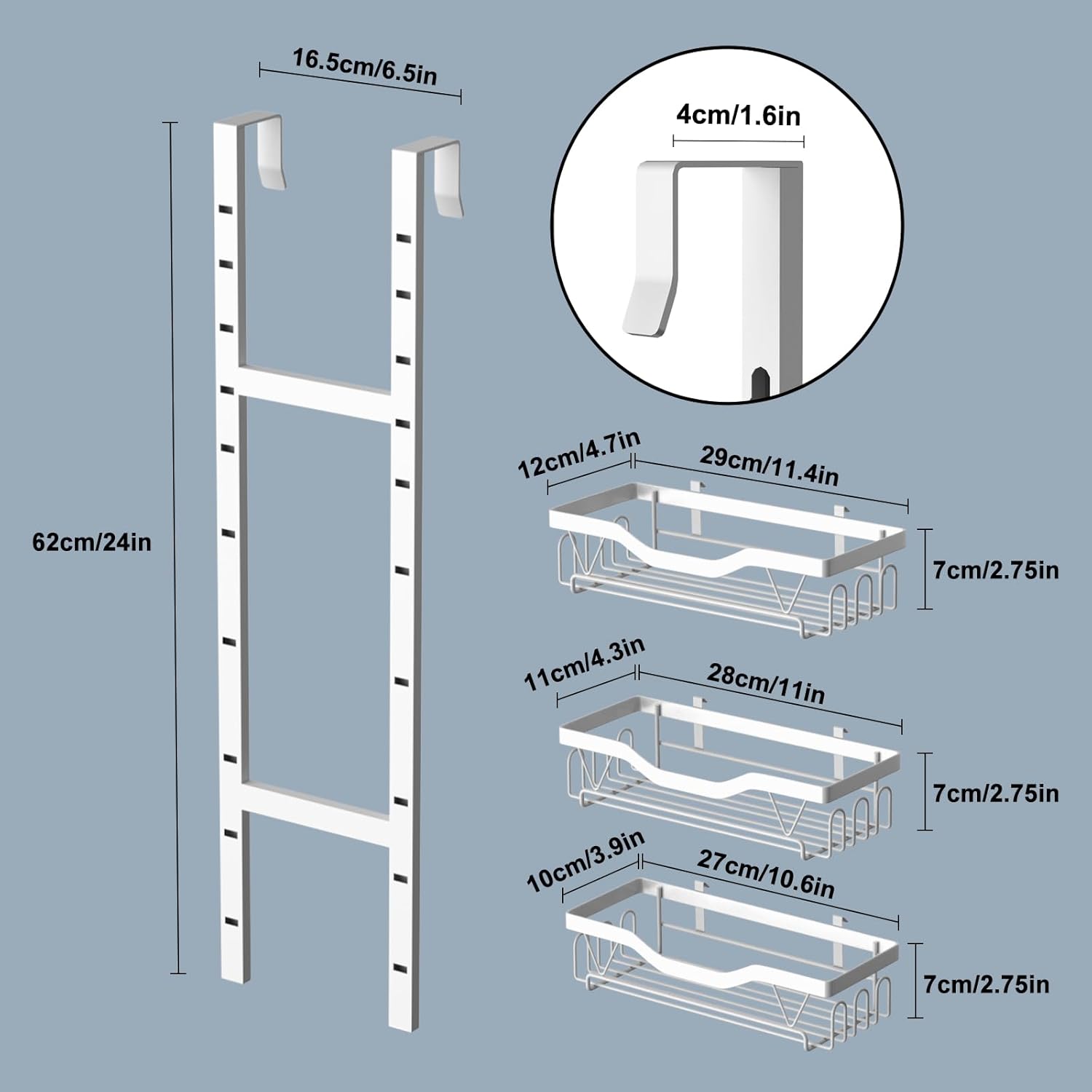 Étagère douche - 3 paniers réglables, sans perçage, blanc, 3 couches