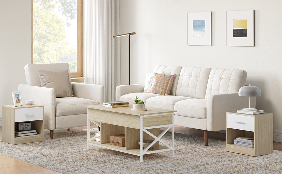 comprenant un canapé beige, un fauteuil assorti, une table basse en bois clair avec rangement et des tables d'appoint coordonnées sur un tapis clair.