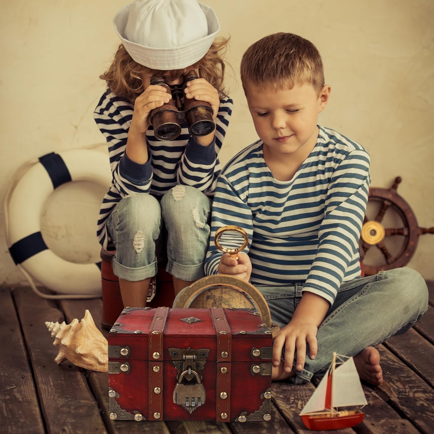 Coffre Trésor Vintage en Bois - boîte à cadenas pirate, couvercle, tirelire enfant, rouge - rangement bijoux, déco