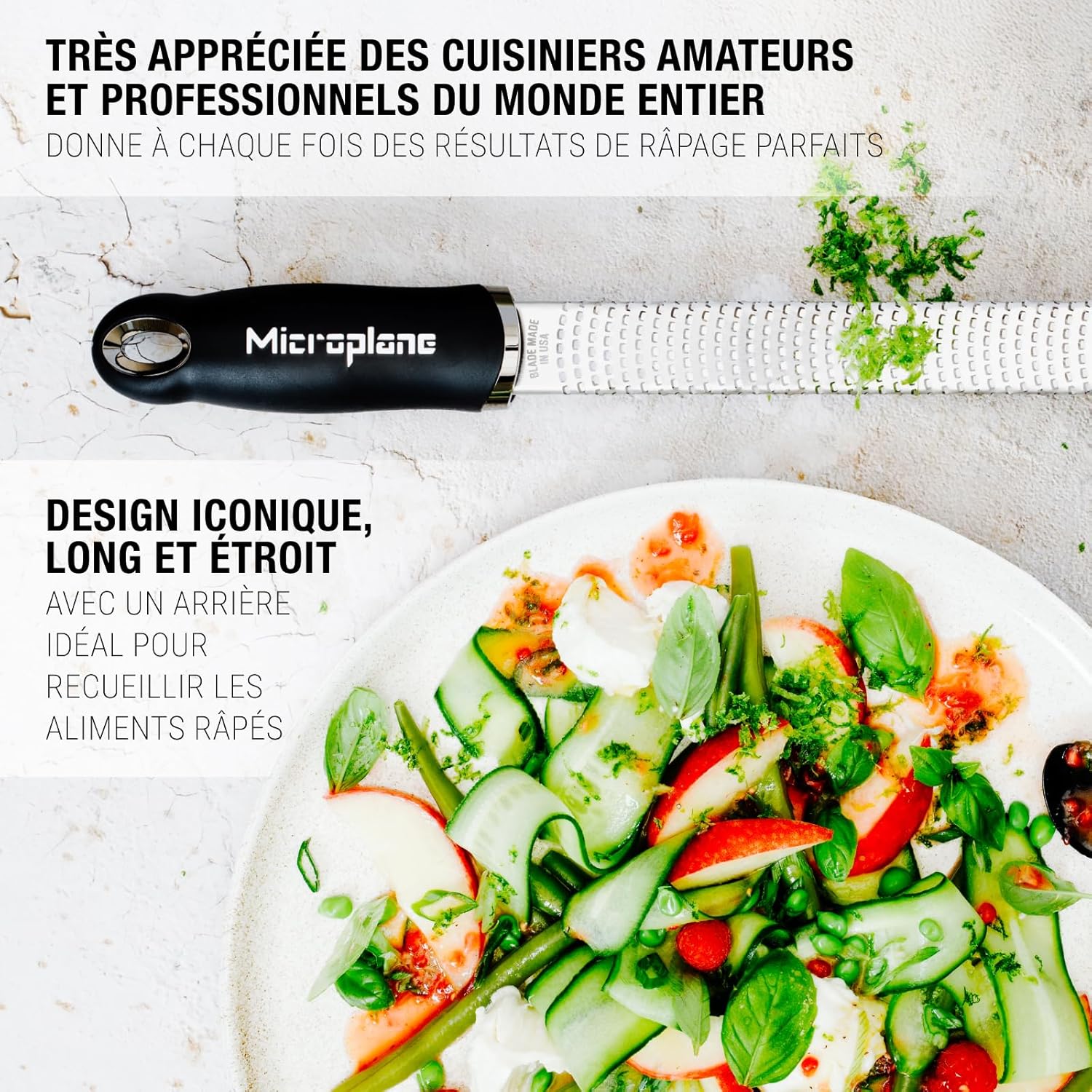 Microplane - Râpe zesteur Classic - lame fine inox - usage agrumes, fromage, gingembre, chocolat, noix