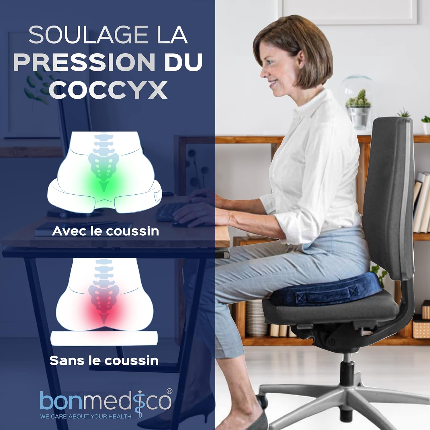 Coussin assise ergonomique mémoire de forme, large, soutien dos noir