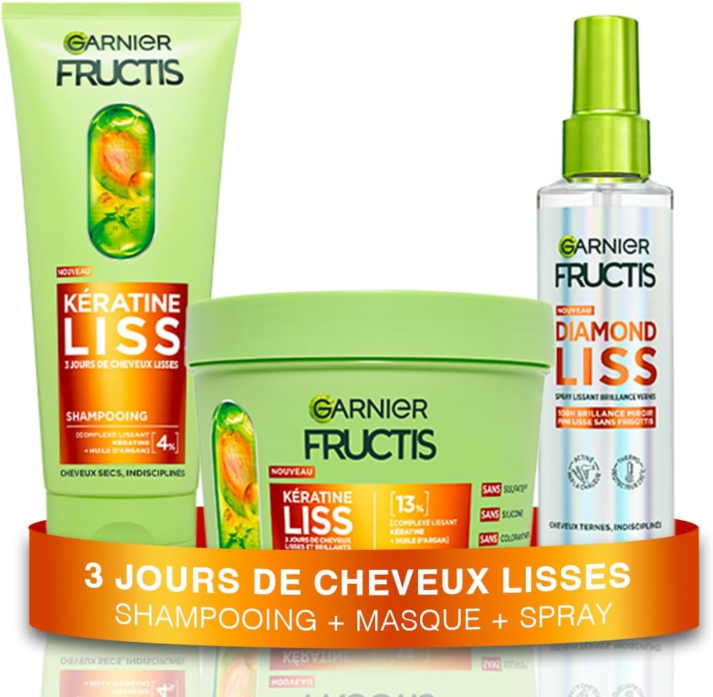 Garnier - Fructis Kératine Liss - routine 3 soins lissants, kératine végétale, huile d'argan, anti-frisottis