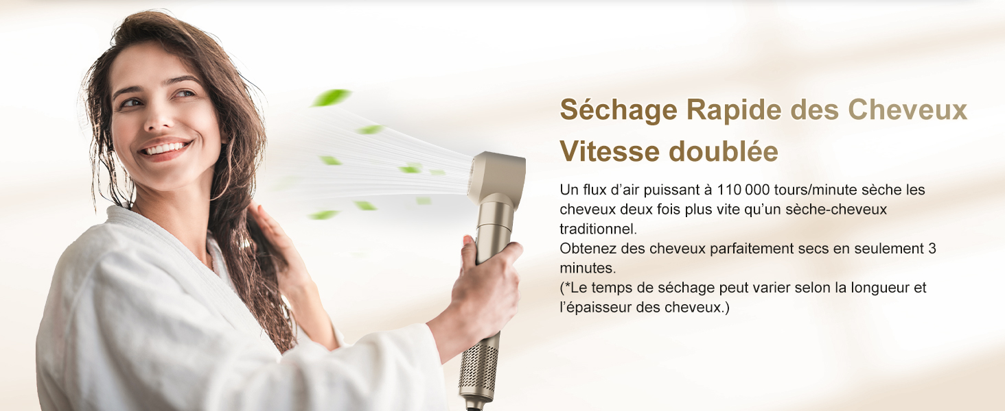 Le texte indique « Séchage rapide des cheveux Vitesse doublée ». Une publicité montre une personne utilisant un sèche-cheveux avec démonstration de la technologie de séchage rapide.