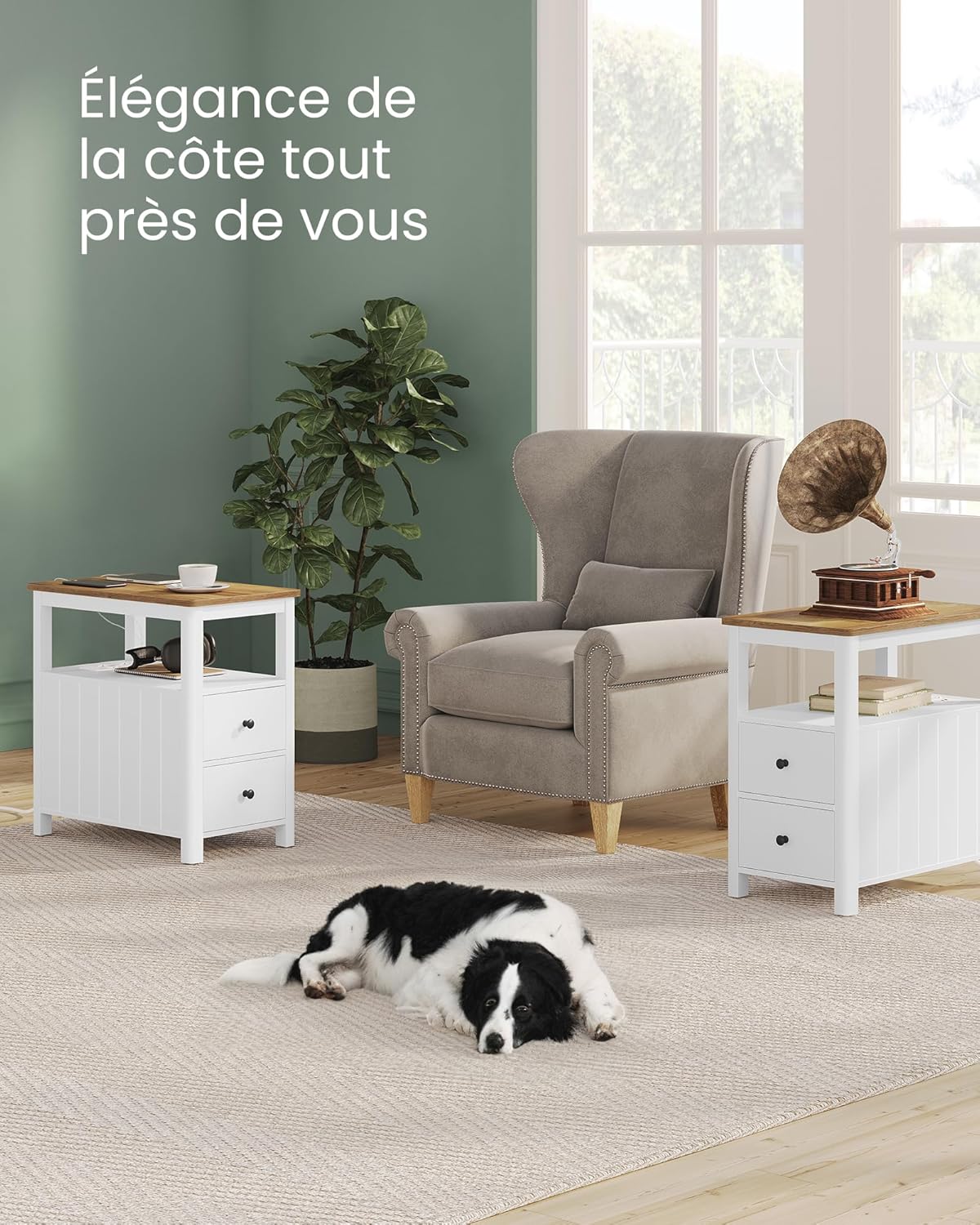 VASAGLE - Table d’appoint série LET - 2 tiroirs, multiprise, rangement compact - LET327W14