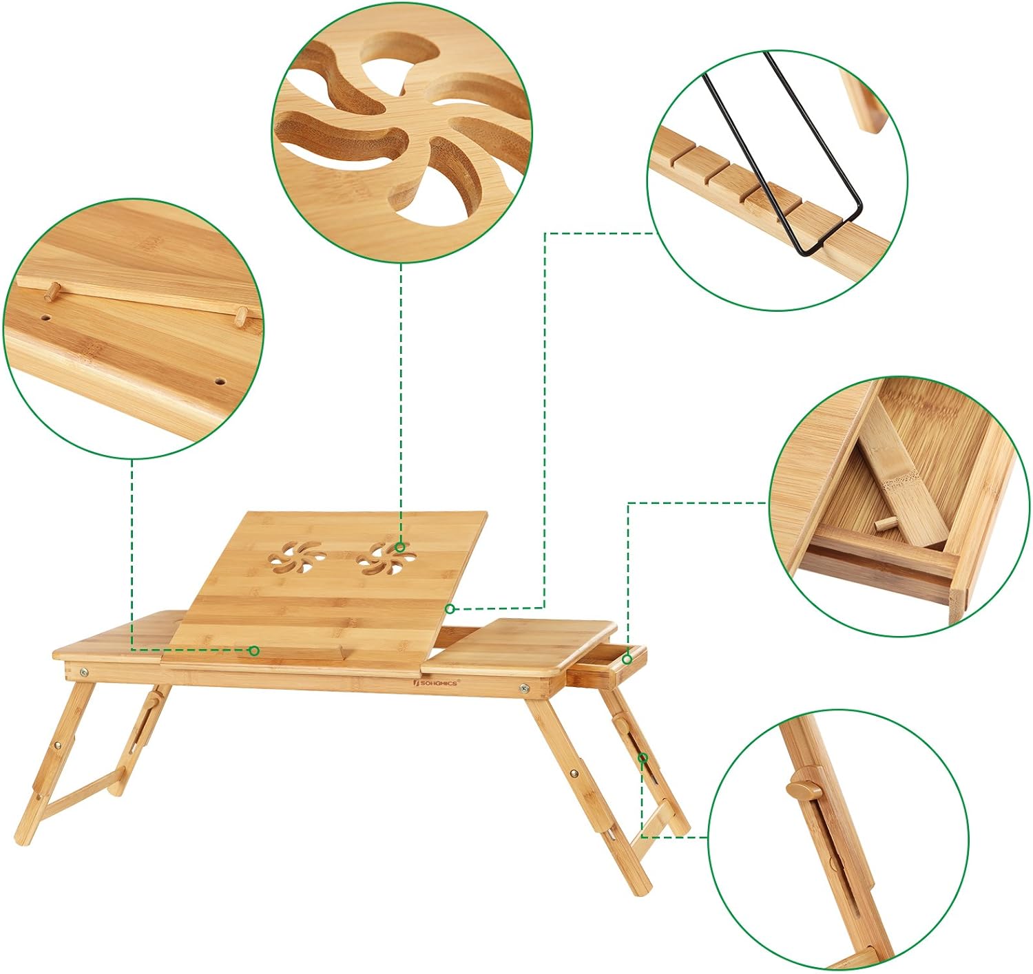 SONGMICS - Table de lit pliable bambou - 72x21-29x35 cm - plateau ajustable, tiroir, trous aération LLD004