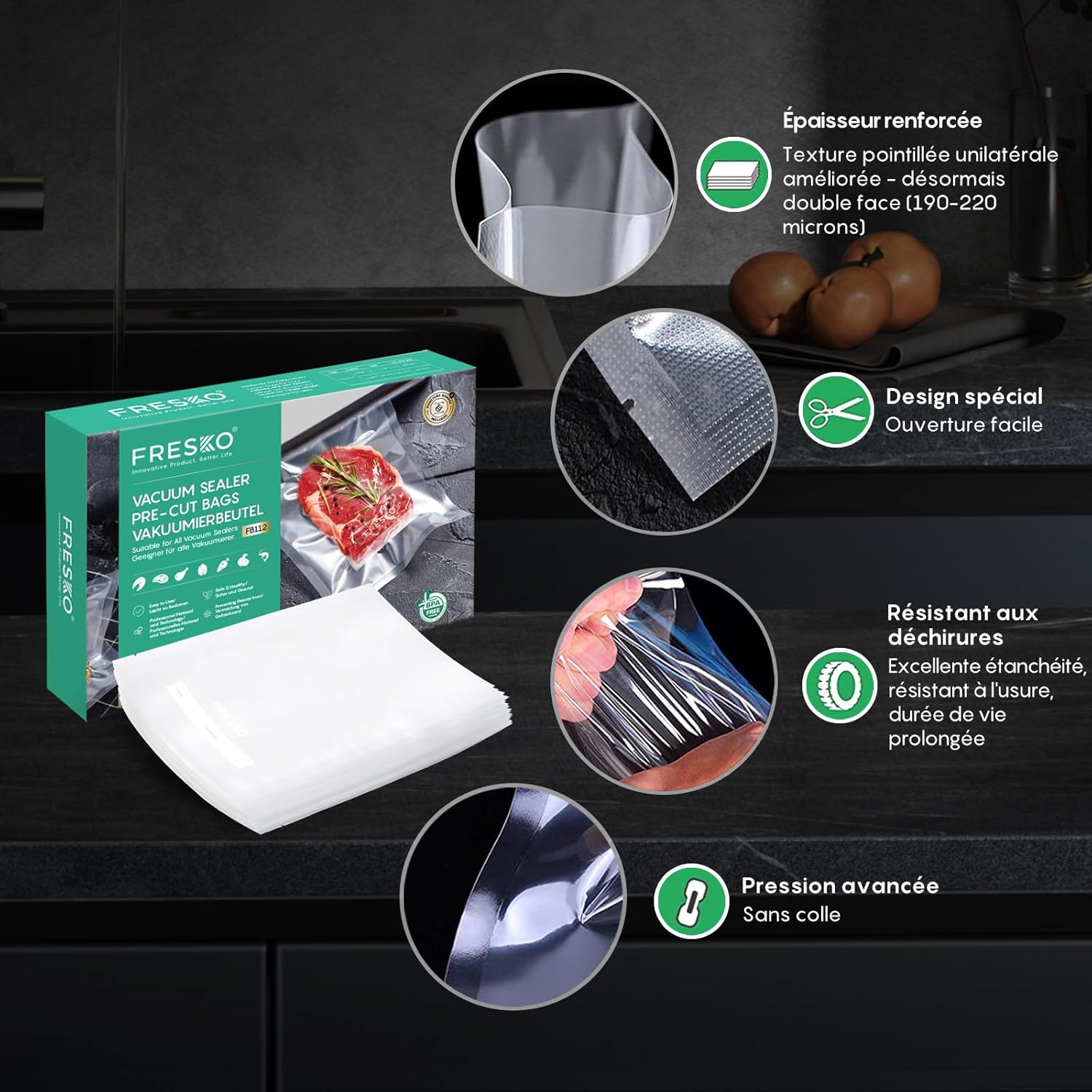 FRESKO - sacs sous vide alimentaires - 20x30cm, 120pcs, sans BPA, cuisson/congélation