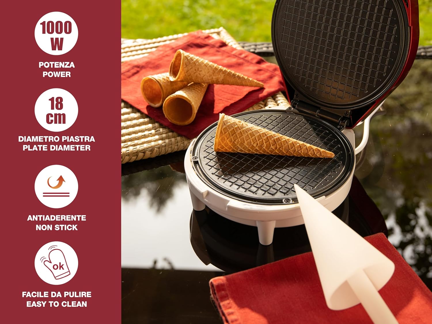 BEPER - gaufrier électrique série P101CUD002 - 18 cm - 1000 W, poignée isolante, accessoires cônes inclus - P101CUD002