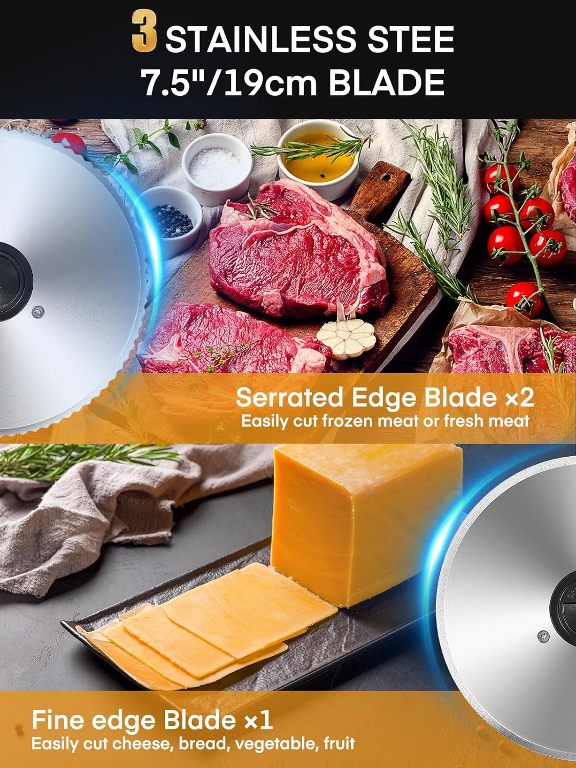 Trancheuse électrique - 250W, 19cm, 3 lames, épaisseur réglable, sécurité