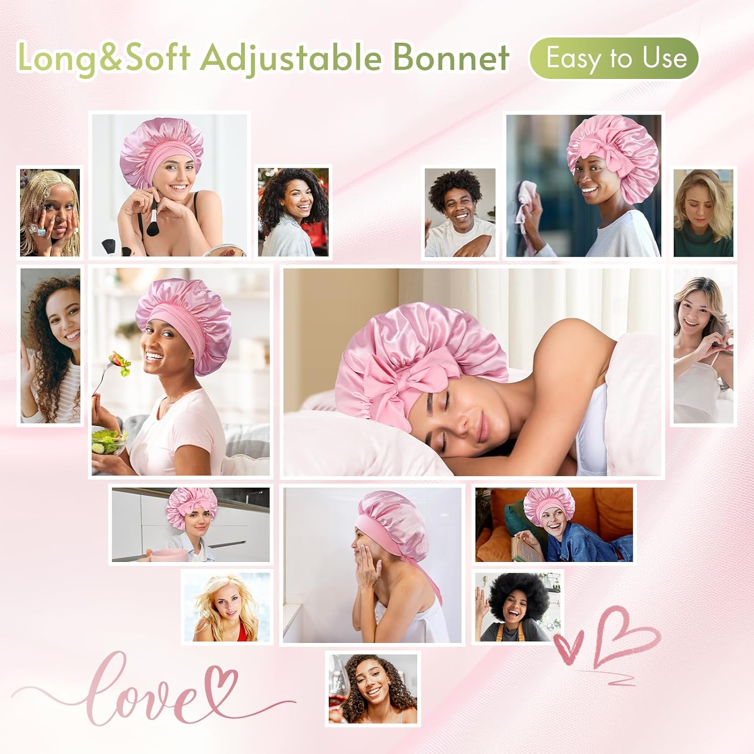 BONNET QUEEN - bonnet satin moyen - ajustable, long élastique, rose