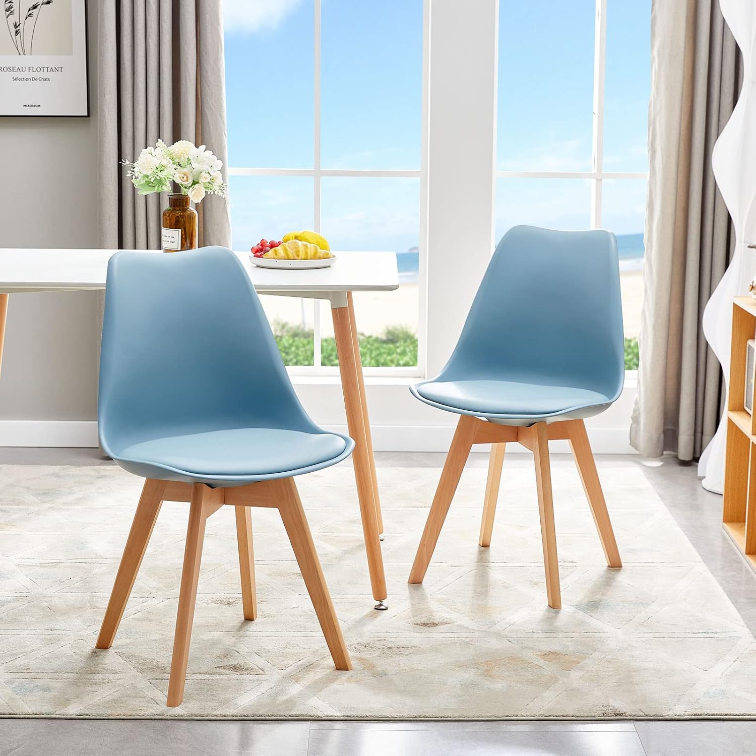 EGGREE - chaise salle à manger scandinave - bleu clair - rembourrée, pieds hêtre massif, lot de 4