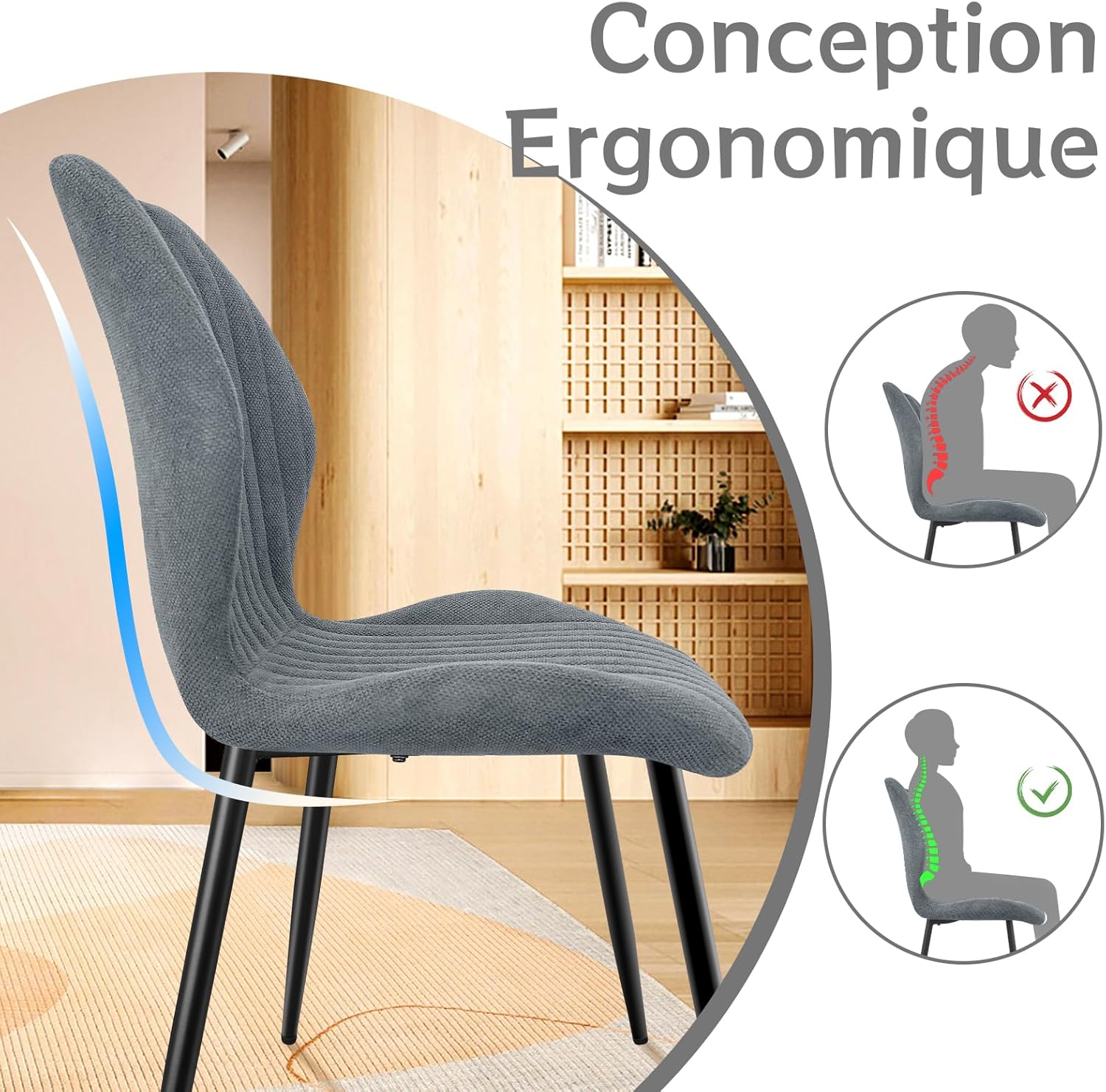 Chaises de salle à manger - tissu gris, pieds métal, lot de 2, confort