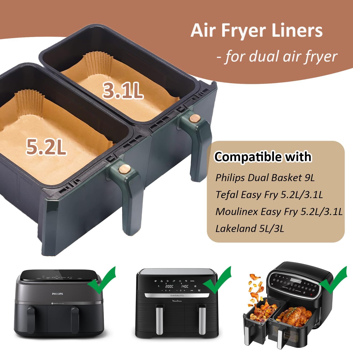 Papier cuisson air fryer - compatible Moulinex, Philips, Lakeland - 5,2/3,1L - lot de 100 feuilles antiadhésives EZ90182