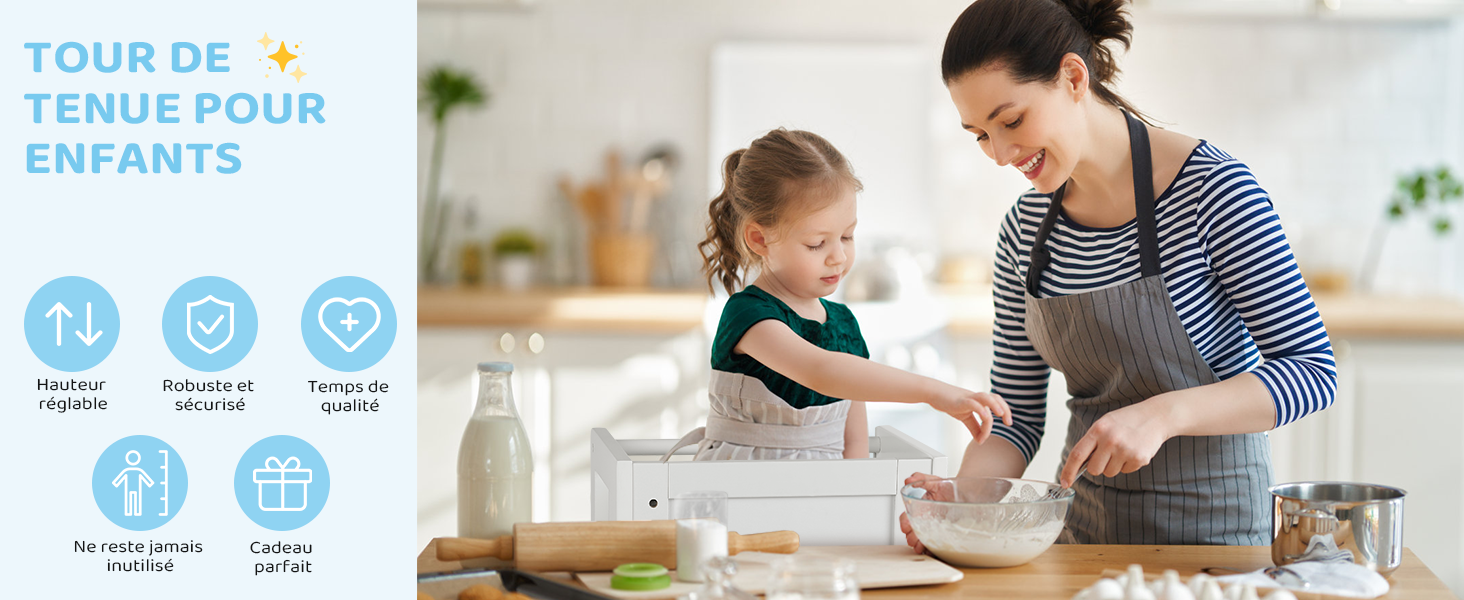 Femme et enfant cuisinant ensemble dans une cuisine. Cinq icônes circulaires avec du texte en français visible, indiquant différents aspects des vêtements ou des activités pour enfants.