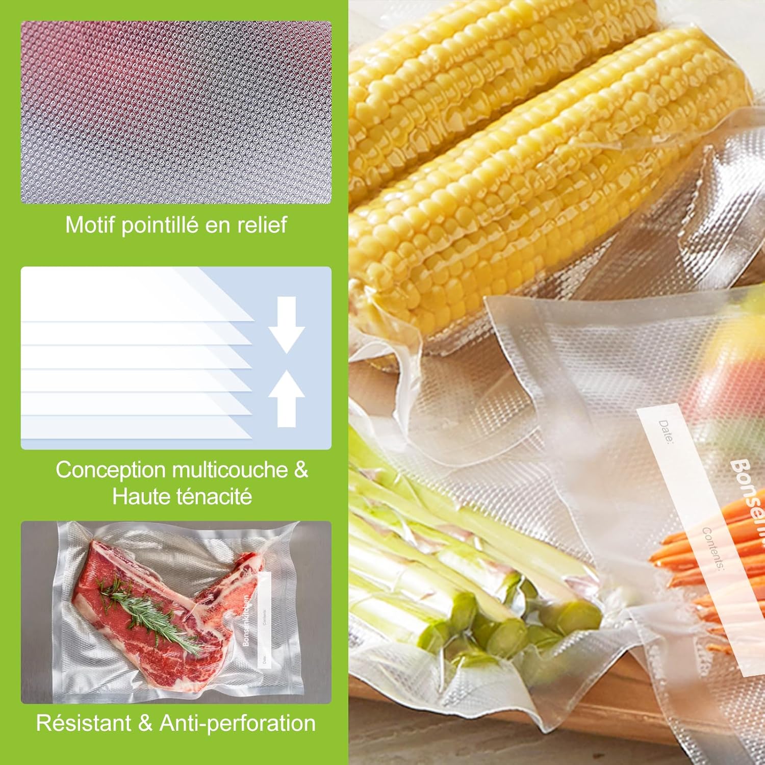 Bonsenkitchen - sacs sous vide alimentaire - 3 tailles 150 pièces - sans BPA VB3215