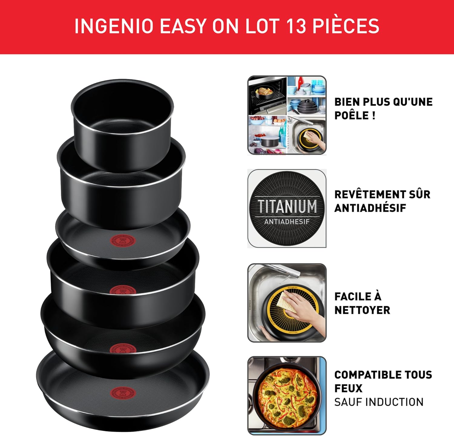 Tefal - Ingenio Easy On - Batterie 13 pièces, poignées amovibles, empilable, antiadhésif, sans induction, L1599243