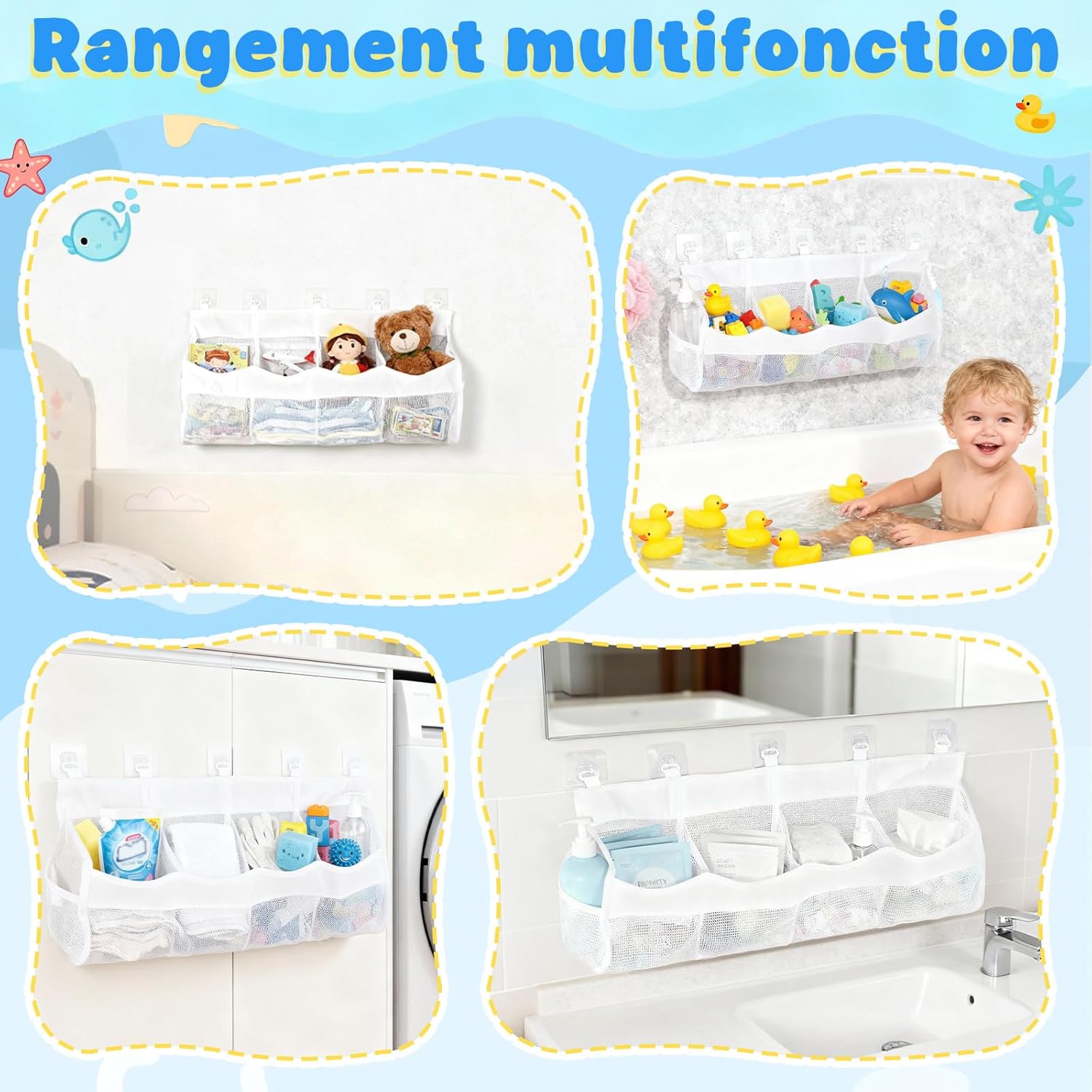 Sac de rangement jouet bain - 4 compartiments - filet blanc suspendu, organiseur jouets, stockage facile salle de bain
