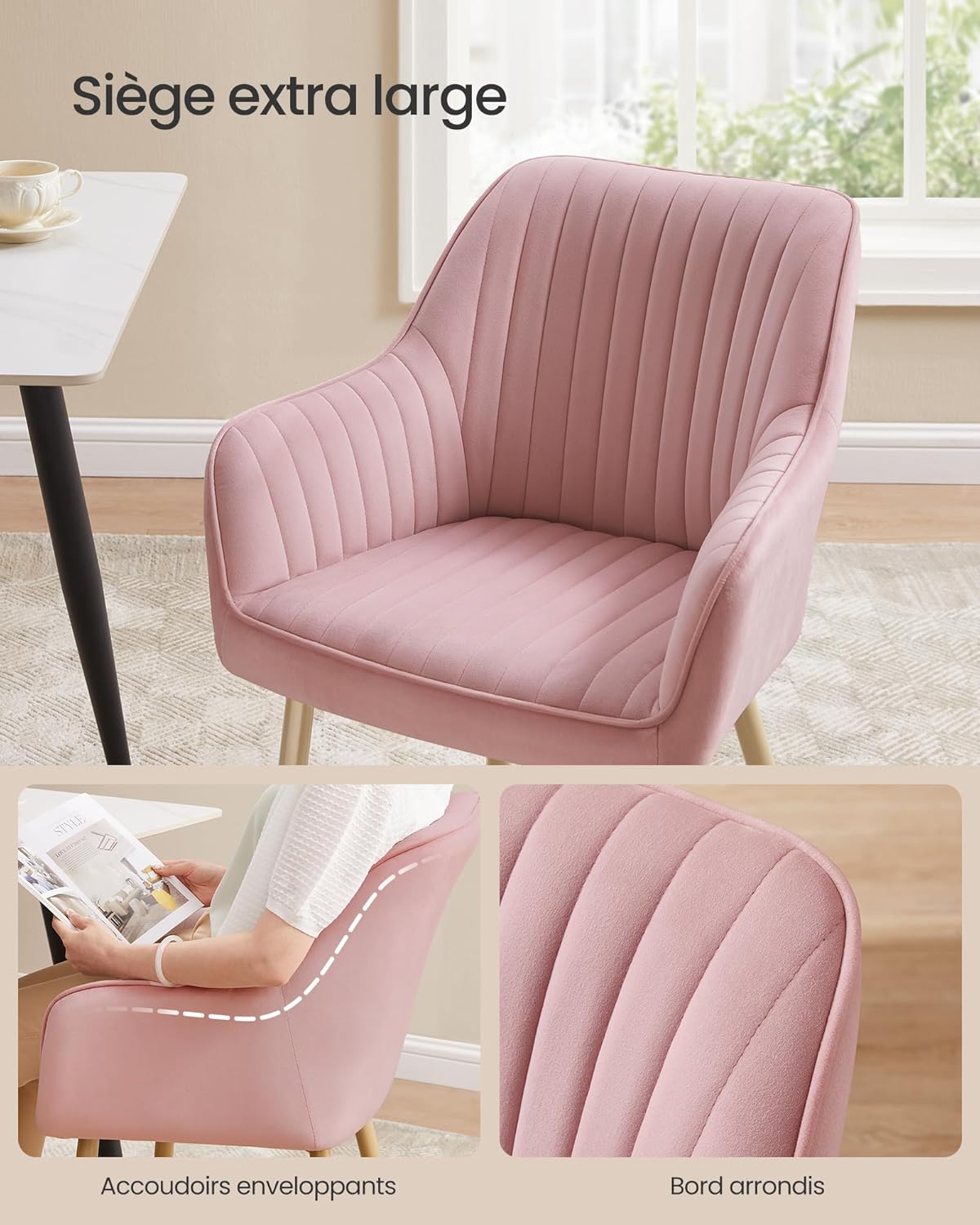 SONGMICS - fauteuil velours, lot de 6, accoudoirs, pieds métal, rose, LDC087R16
