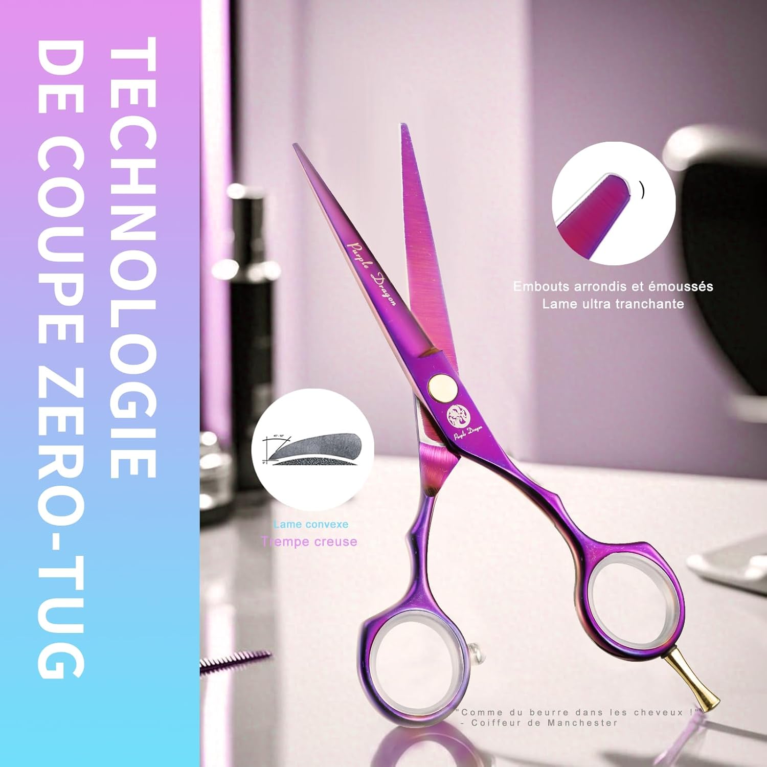 Kit de ciseaux de coiffure - 5,5 pouces - inox violet, peigne, rasoir