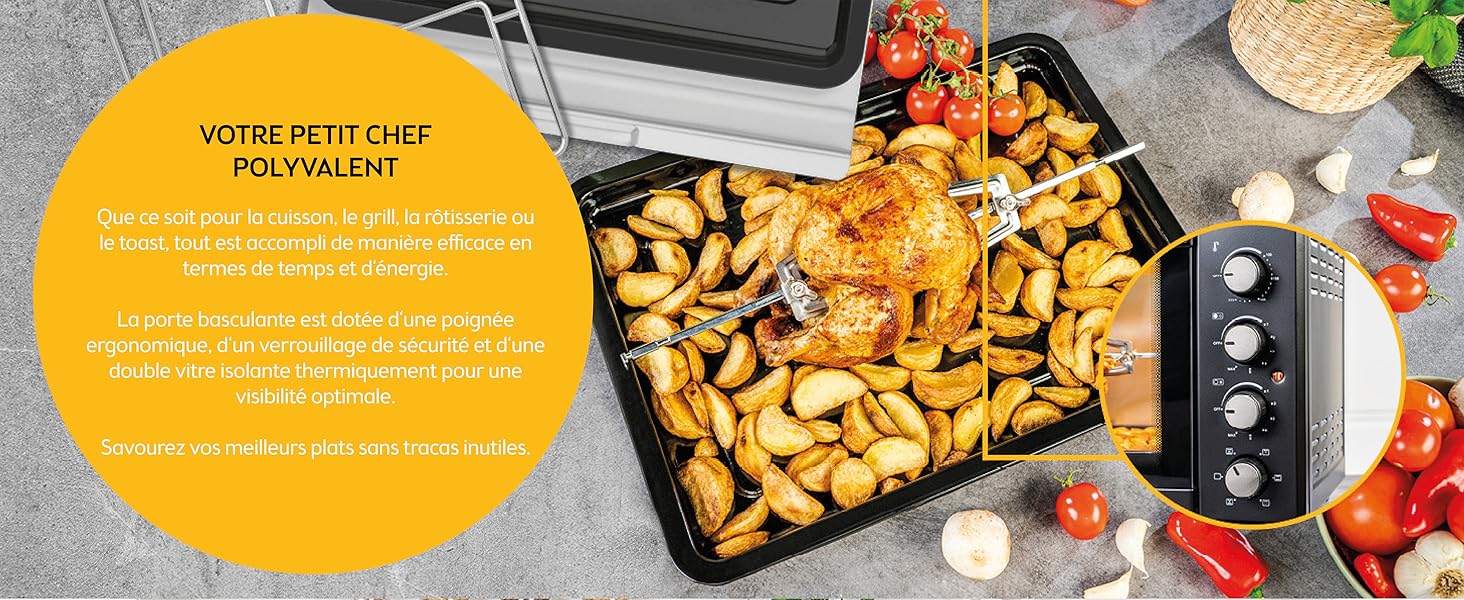 avec poulet rôti et pommes de terre. Superposition de texte circulaire jaune en français décrivant les caractéristiques du produit