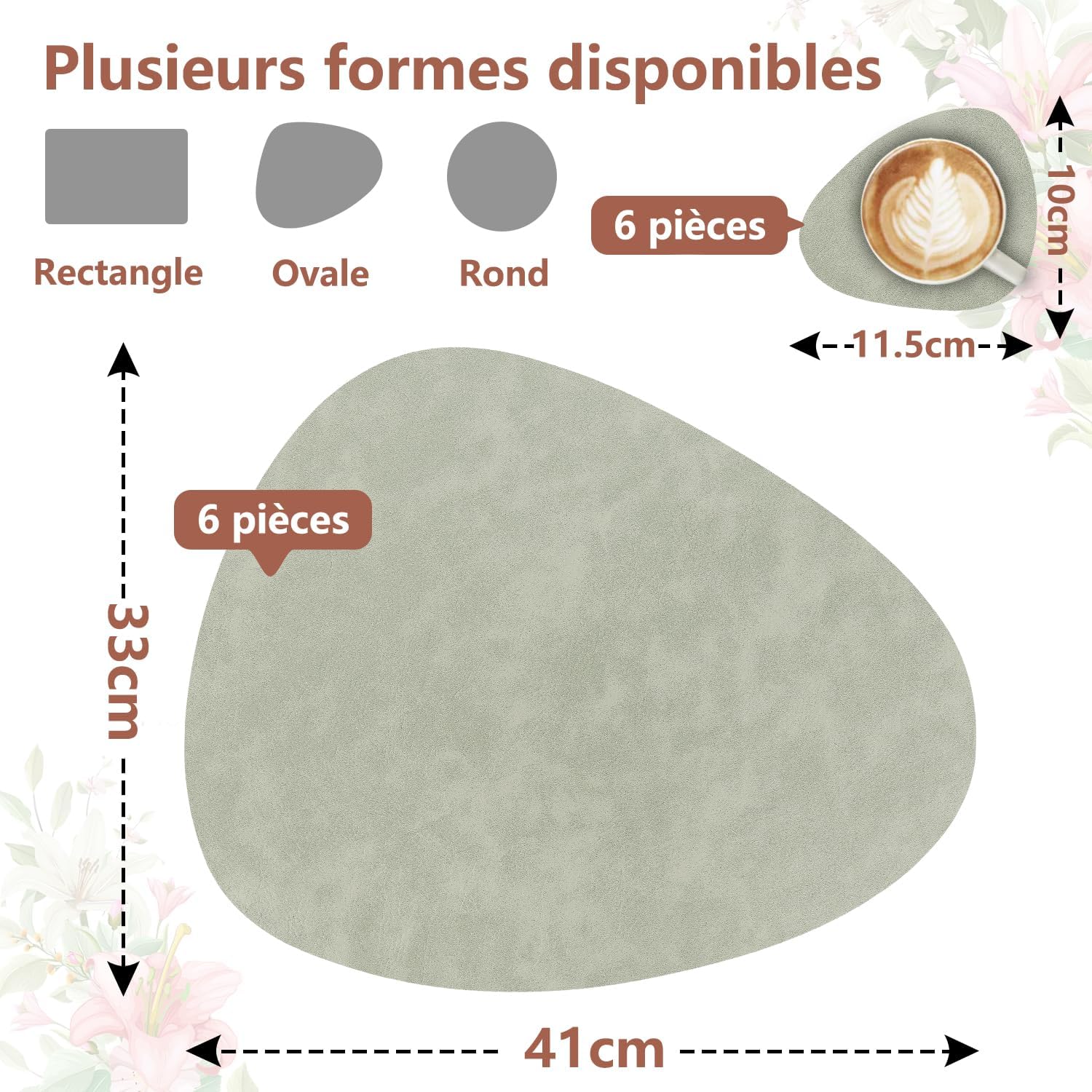 Set de table - PU cuir double face, lot de 6, 41x33cm, lavables, antidérapants