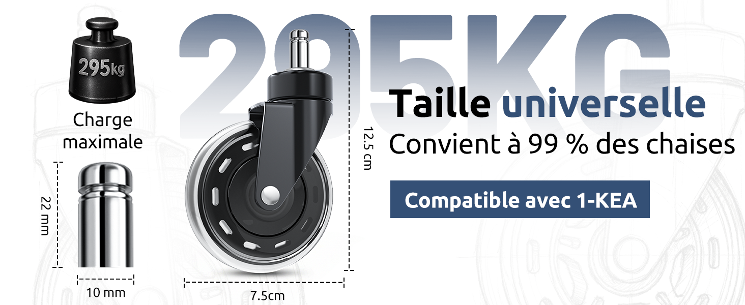 Le texte indique « 305 kg » et « Taille universelle ». Schéma technique montrant la capacité de charge et les spécifications de dimensionnement universelles d'un luminaire.