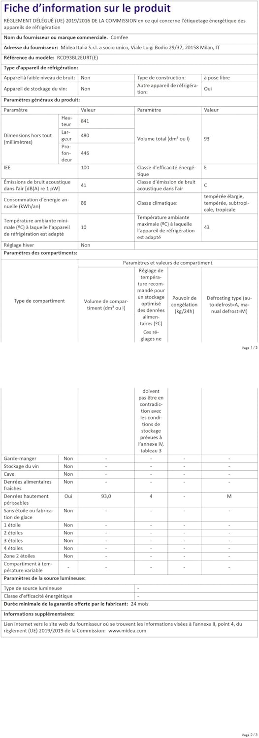 Comfee' - réfrigérateur rétro 93L - sous-plan, LED, thermostat - RCD93BL2EURT(E)