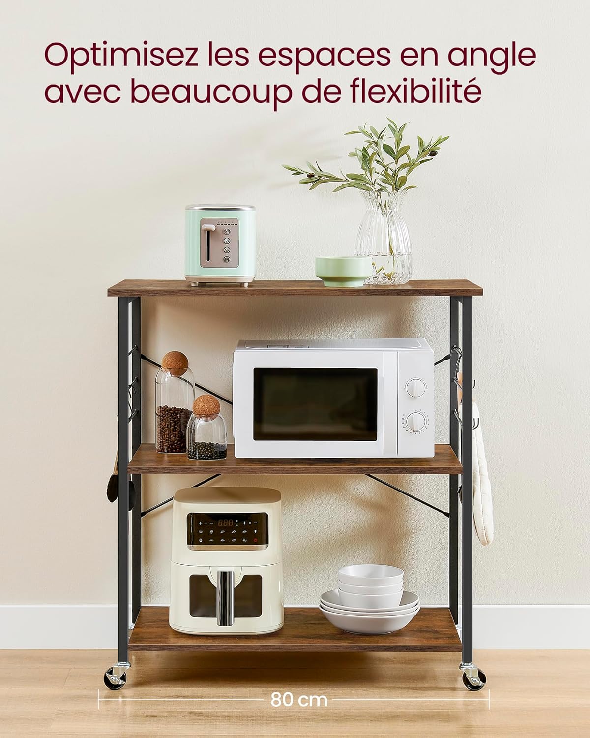 VASAGLE - Chariot cuisine 3 niveaux 40x80x89cm, 6 crochets, KKS067K01